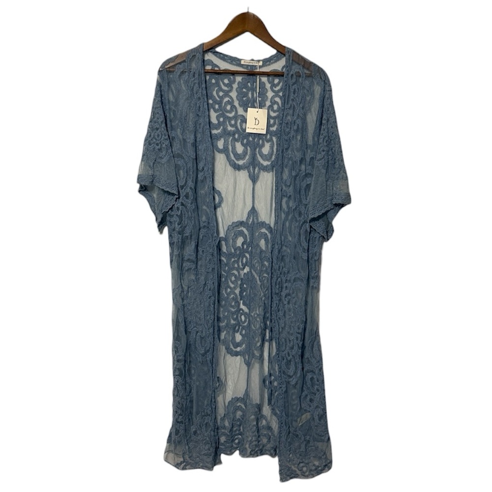 NWT Do Everything in Love Lace Embroidered Sheer Duster Tie Cardigan in Blue